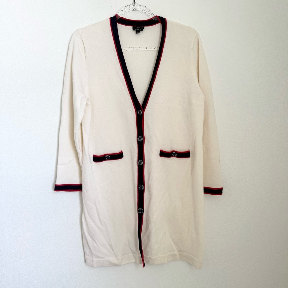Talbots 100% Pure Merino Wool Cream Open Front Long Cardigan Navy/Red Accents XL